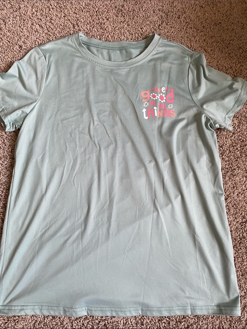 SHEIN Sage Green Short Sleeve Tee with Pink Floral Text
